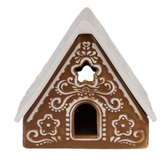 Clayre &amp; Eef   | Theelichthouder Kerst Huisje Bruin Wit 8x8x8 cm | 6CE1744