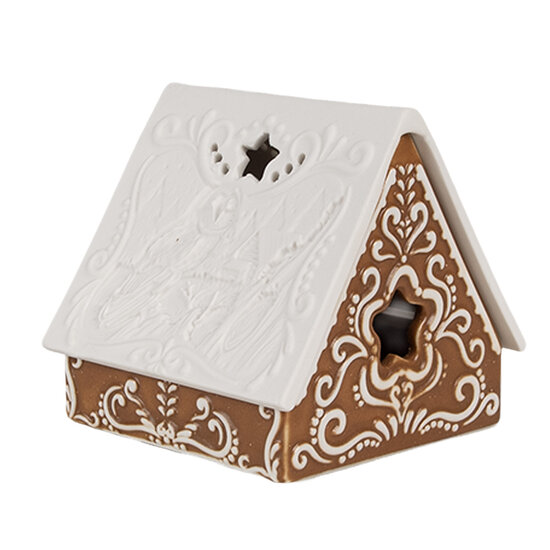 Clayre &amp; Eef   | Theelichthouder Kerst Huisje Bruin Wit 8x8x8 cm | 6CE1744