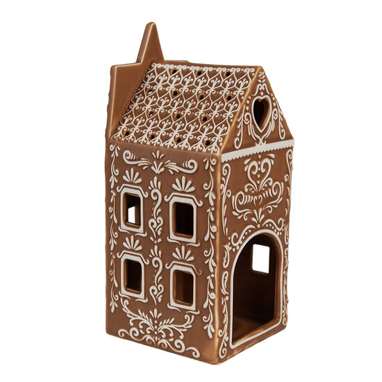 Clayre &amp; Eef   | Theelichthouder Kerst Huisje Bruin Wit 7x7x17 cm | 6CE1746