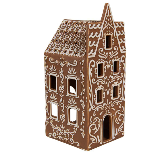 Clayre &amp; Eef   | Theelichthouder Kerst Huisje Bruin Wit 7x7x17 cm | 6CE1746