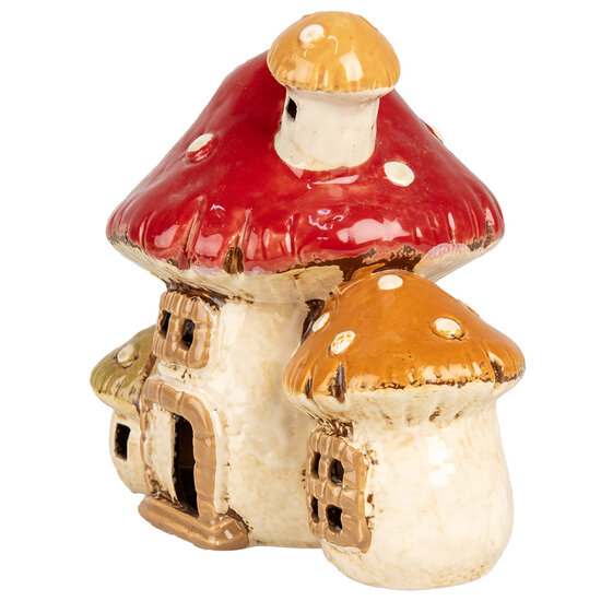 Clayre &amp; Eef   | Theelichthouder Kerst Huisje Beige Rood 17x12x16 cm | 6CE1876