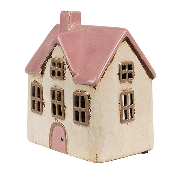 Clayre &amp; Eef   | Theelichthouder Kerst Huisje Beige Roze 13x10x16 cm | 6CE1900