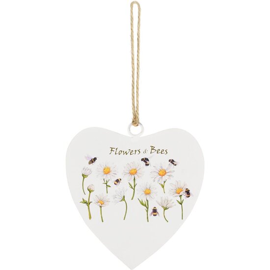 Dekoratief | Hanger hart &#039;Flowers &amp; Bees&#039;, wit, metaal, 11x11cm | A250037