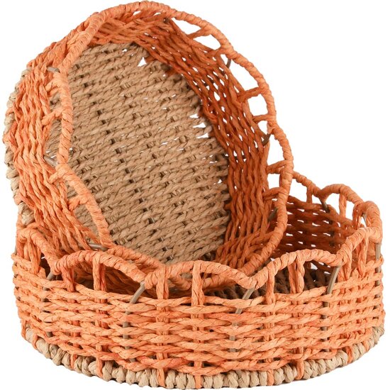 Dekoratief | Set 2 manden rond, naturel/oranje, jute, 23x23x9cm | A250079