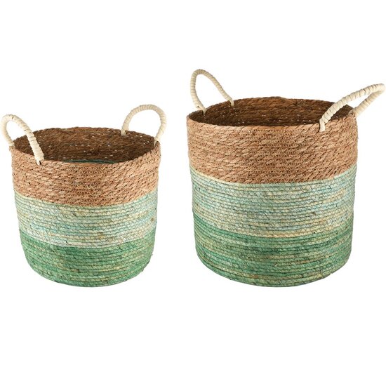 Dekoratief | Set 2 manden m/handvaten, naturel/groen, jute, 40x40x34cm | A250083