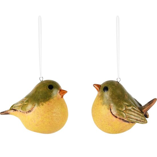 Dekoratief | Hanger vogeltje, geel/groen, keramiek, 7x5x5cm, set van 2 stuks | A250170