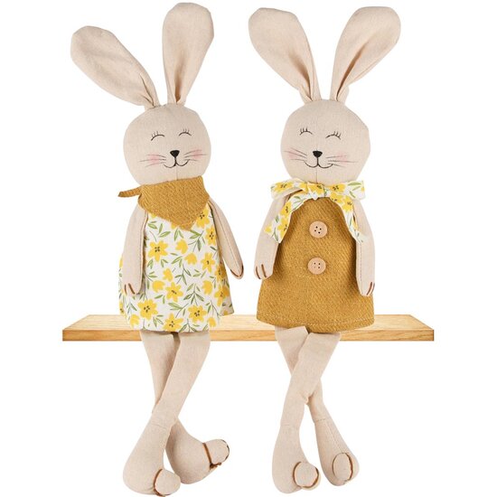 Dekoratief | Bunny m/hangbenen, geel/wit, stof, 9x5x45cm, set van 2 stuks | A250292