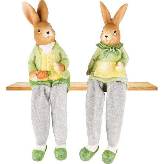 Dekoratief | Bunny m/hangbeentjes, groen/geel, resina, 5x7x17cm, set van 2 stuks | A250311