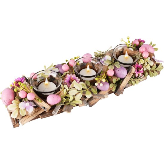 Dekoratief | Tafelstuk m/eitjes/bloemen, lila, hout/pvc/glas, 40x14x7cm | A250349