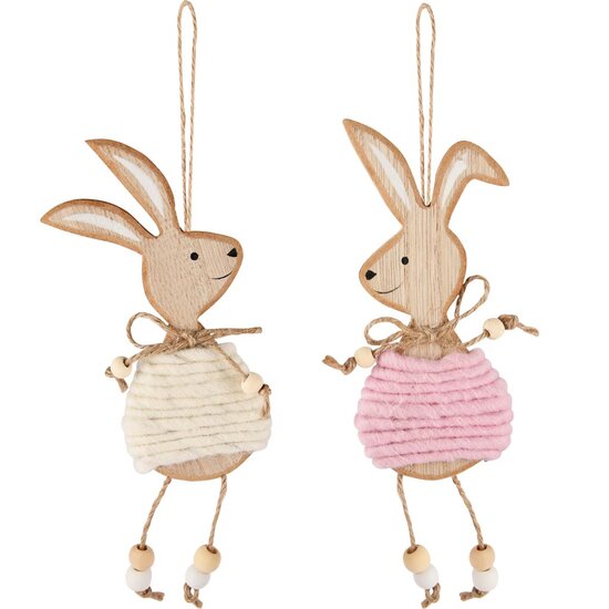 Dekoratief | Hanger bunny, naturel/roze/wit, hout, 25x6x1cm, set van 2 stuks | A250481