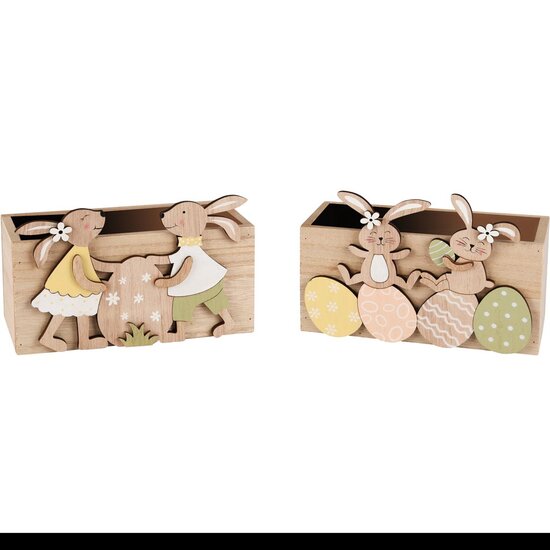 Dekoratief | Set 2 bakjes m/bunny&#039;s, naturel, hout, 17x9x11cm | A250494