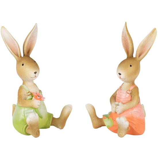 Dekoratief | Bunny zittend, groen/peach, resina, 10x8x16cm, set van 2 stuks | A250524