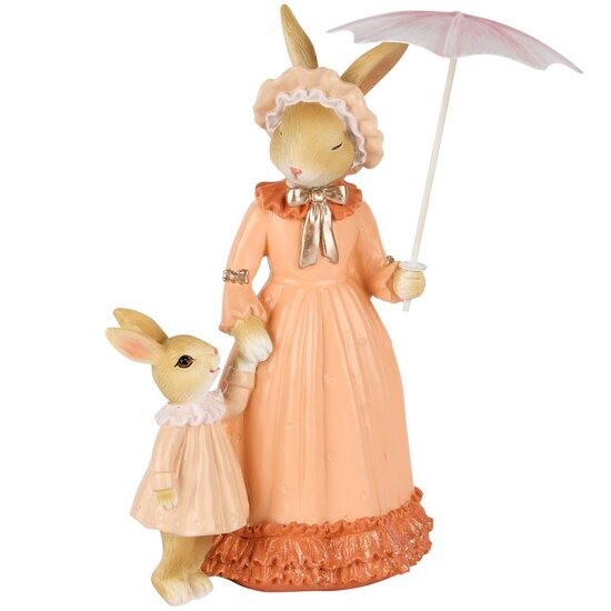 Dekoratief | Bunny mama m/kind/paraplu, peach, resina, 16x14x21cm | A250527