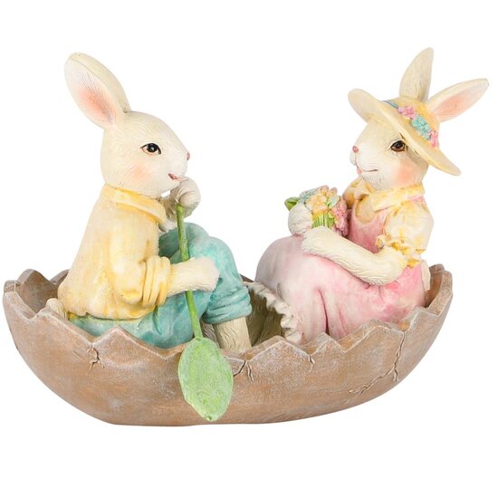 Dekoratief | Koppel bunny&#039;s in bootje, wit/groen/roze, resina, 14x10x10cm | A250541