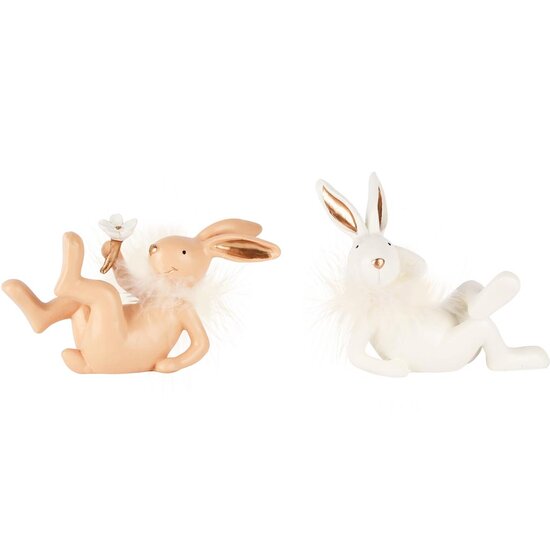 Dekoratief | Bunny m/pluimenkraag liggend, wit/roze, resina, 16x5x9cm, set van 2 stuks | A250585