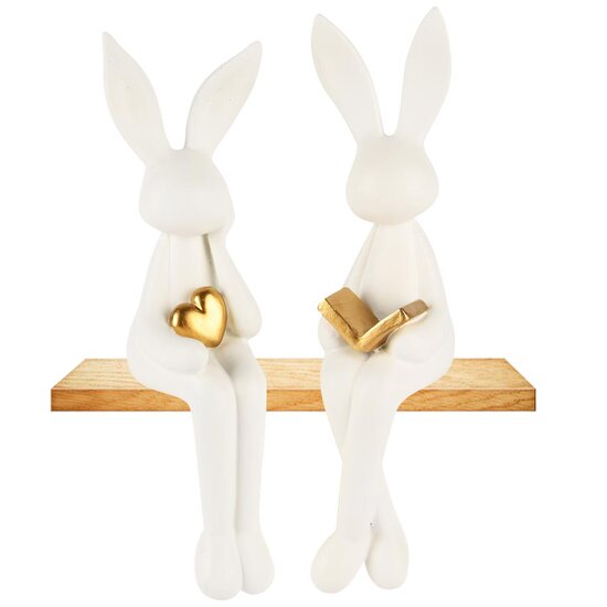 Dekoratief | Bunny zittend m/boek, wit/goud, resina, 6x8x24cm, set van 2 stuks | A250597