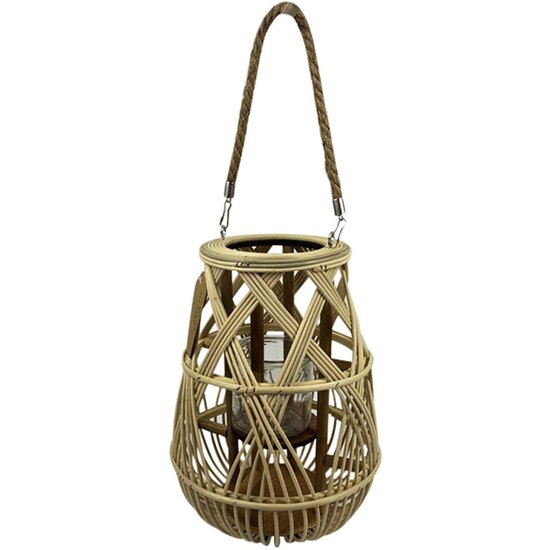 Dekoratief | Lantaarn m/jute oor, naturel, rotan/glas, 26x26x34cm | A250651