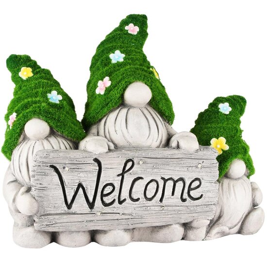 Dekoratief | Trio gnomes &#039;Welcome&#039;, groen/grijs, magnesium, LED, 39x15x33cm | A250702