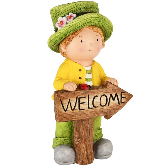 Dekoratief | Jongen staand &#039;Welcome&#039;, geel/groen, magnesium, 25x19x47cm | A250771