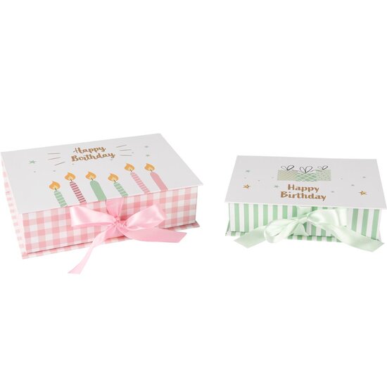 Dekoratief | Set 2 dozen rechthoek m/strik &#039;Happy Birthday&#039;, karton, 21x15x6cm | A250783