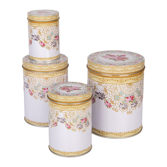 Clayre &amp; Eef   | Opbergdoos set van 4 Wit Roze &oslash; 11x14 /&oslash; 9x13 /&oslash; 8x11 /&oslash; 6x9 cm | 6BL0140