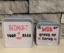 Set Voorraadblikken - wijze raad blik er op terug | Juf &amp; Meester cadeau