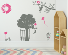 Muurstickerset Speeltuin | Kinderen op schommel - ballon - fiets - bloem - vlieger | Kinderkamer | Rosami Decoratiesticker