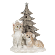 Clayre &amp; Eef   | Kerstdecoratie Beeld Honden en kat Wit, Grijs LED 11x9x15 cm | 6PR4628