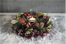 Kerstkrans 17 cm rond bordeaux rood groen blad 1 theelichthouder | La Galleria | NFT-85061