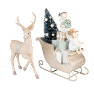 Clayre &amp; Eef   | Kerstdecoratie Beeld Slee Beige Groen LED 36x10x26 cm / 2xAAA | 6PR3779