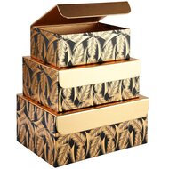 Dekoratief | Set 3 dozen rechthoek &#039;Golden Leaves&#039;, zwart/goud, 23x16x9cm | A215681