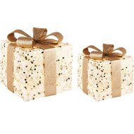 Dekoratief | Set 2 cadeautjes, goud/wit, rotan, LED, 15x15x20cm | A225047