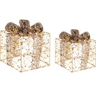 Dekoratief | Set 2 cadeautjes, goud/glitter, rotan, LED, 15x10x20cm | A225049