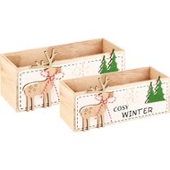 Dekoratief | Set 2 bakjes m/rendier &#039;Cosy Winter&#039;, hout, 22x8x8cm | A225072