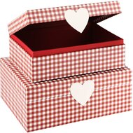 Dekoratief | Set 2 dozen rechthoek m/hart, rood/wit geruit, 26x18x10cm | A225897