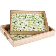 Dekoratief | Set 2 dienbladen &#039;Green Leaves&#039;, naturel/wit, hout, 30x22x4cm | A230660