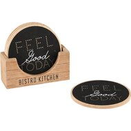 Dekoratief | Set 4 coasters &#039;Feel Good Today&#039;, zwart/naturel, hout, 12x4x10cm | A235025