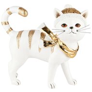 Dekoratief | Poes &#039;Purry&#039; m/muts/sjaal, wit/goud, resina, 14x6x16cm | A235116