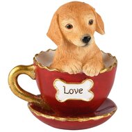 Dekoratief | Hond in koffietas &#039;Love&#039;, bruin/rood, resina, 8x8x10cm | A235821