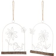 Dekoratief | Hanger vogel op stok, wit/naturel, metaal/hout, 20x15x2cm, set van 2 stuks | A240545