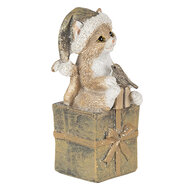 Clayre &amp; Eef   | Kerstdecoratie Beeld Kat Bruin, Wit 5x4x10 cm | 6PR4643