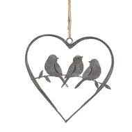 Clayre &amp; Eef   | Hanger hart met vogels Grijs 14x13 cm | 6Y5559