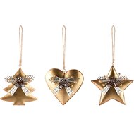 Dekoratief | Hanger boompje/hartje/ster, goud, metaal, 10x3x10cm, set van 3 stuks | A245382