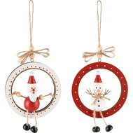 Dekoratief | Hanger ring m/santa/sneeuwman, rood/wit, hout, 8x9cm, set van 2 stuks | A245392