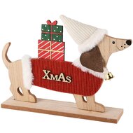 Dekoratief | Hond op voet &#039;X-mas&#039;, rood/naturel, hout, 28x6x23cm | A245598