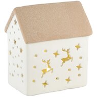 Dekoratief | Deco huisje m/rendieren, wit, dolomiet, LED, 11x8x13cm | A245716