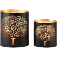 Dekoratief | Set 2 Waxinelichthouders &#039;Tree of Life&#039;, zwart/goud, metaal, 17x12x20cm | A248455