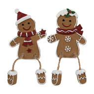 Clayre &amp; Eef   | Decoratie peperkoekpoppenset van 2 Bruin Wit 7x2x9 cm | 6PR4196