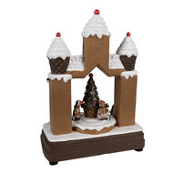 Clayre &amp; Eef   | Muziekdoos Huisje/Kerstboom LED Bruin Wit 20x11x27 cm | 6PR4312