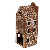 Clayre &amp; Eef   | Theelichthouder Kerst Huisje Bruin Wit 7x7x19 cm | 6CE1747